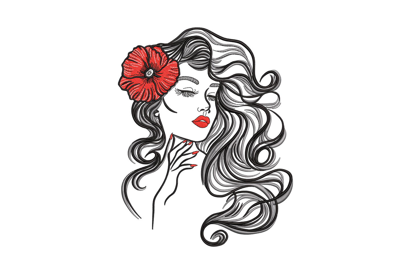 Elegant woman face embroidery in three quarter view with flowing grey hair, red poppy behind the ear, red lips and nails