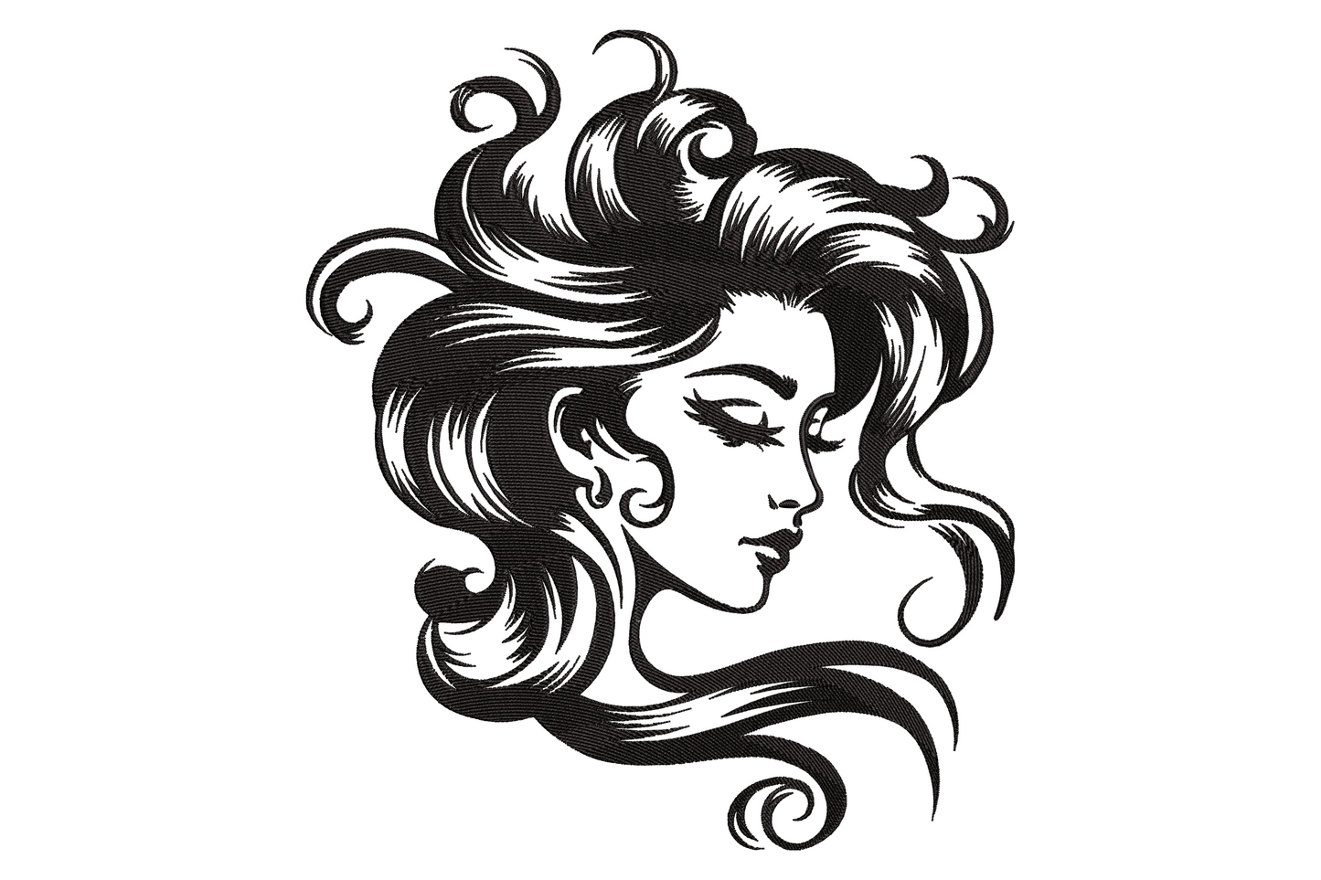 Embroidery design of a woman in profile silhouette with closed eyes, full lips, hoop earring and long flowing wavy black hair
