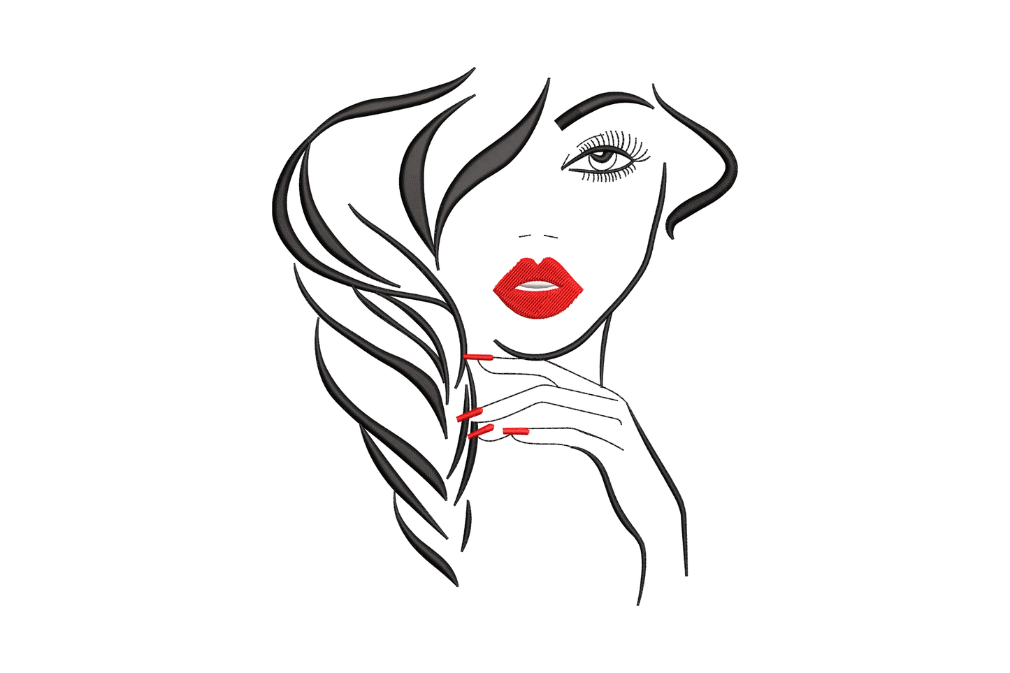 Elegant woman face and hair line art embroidery, black hair strokes with white eye highlight and red lips on light fabric.