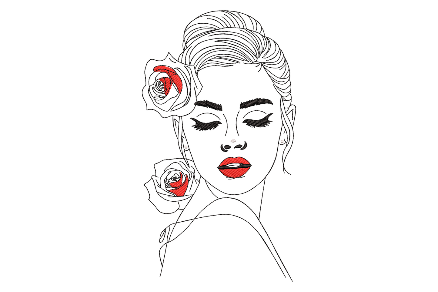 Woman face line art embroidery with red roses, eyes closed, hair up bun, black outline style, red lips and rose fills.