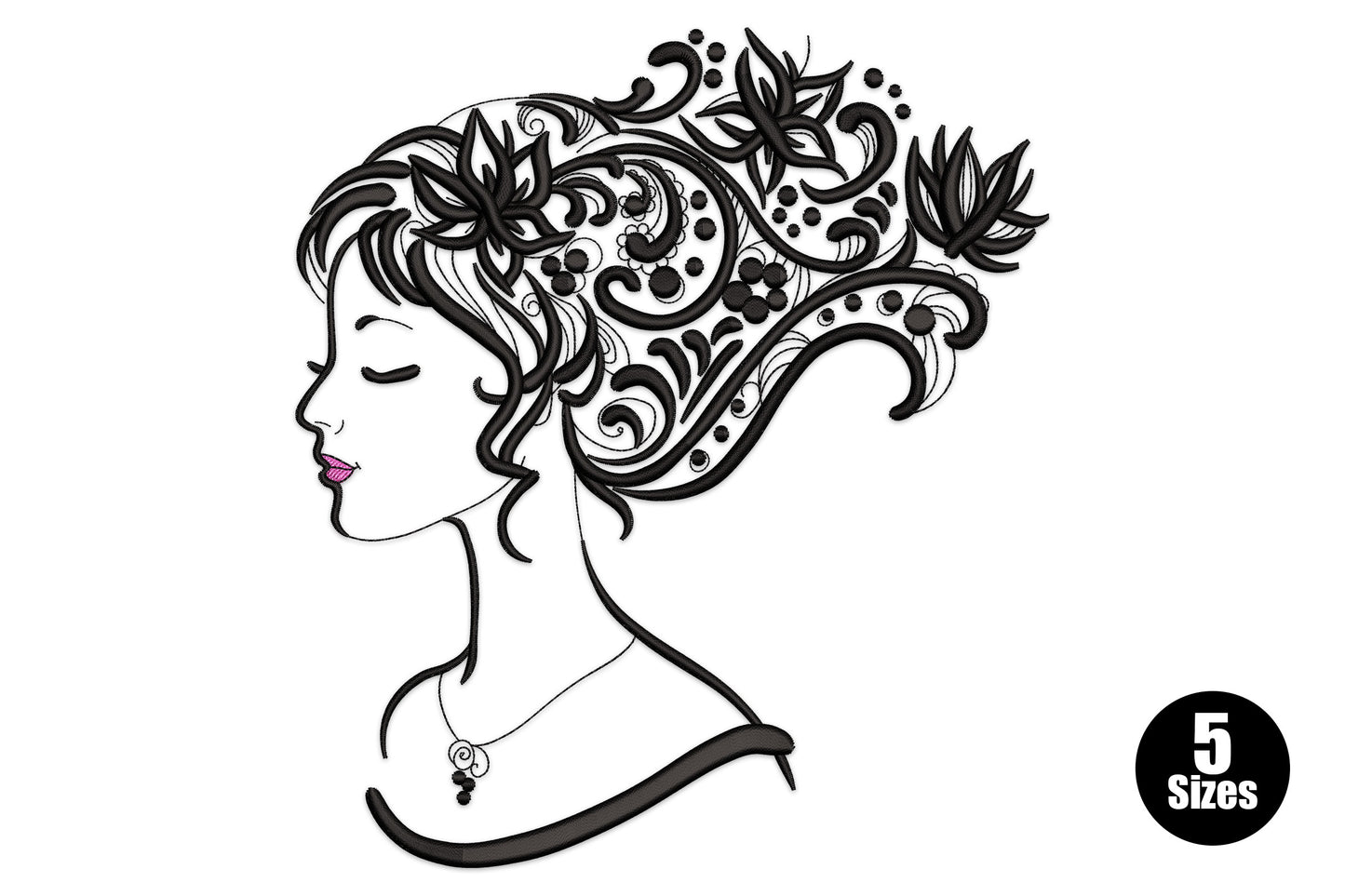 Elegant woman floral hair embroidery, black side profile with swirly paisley and lotus hair cascade and a pink lip pop.