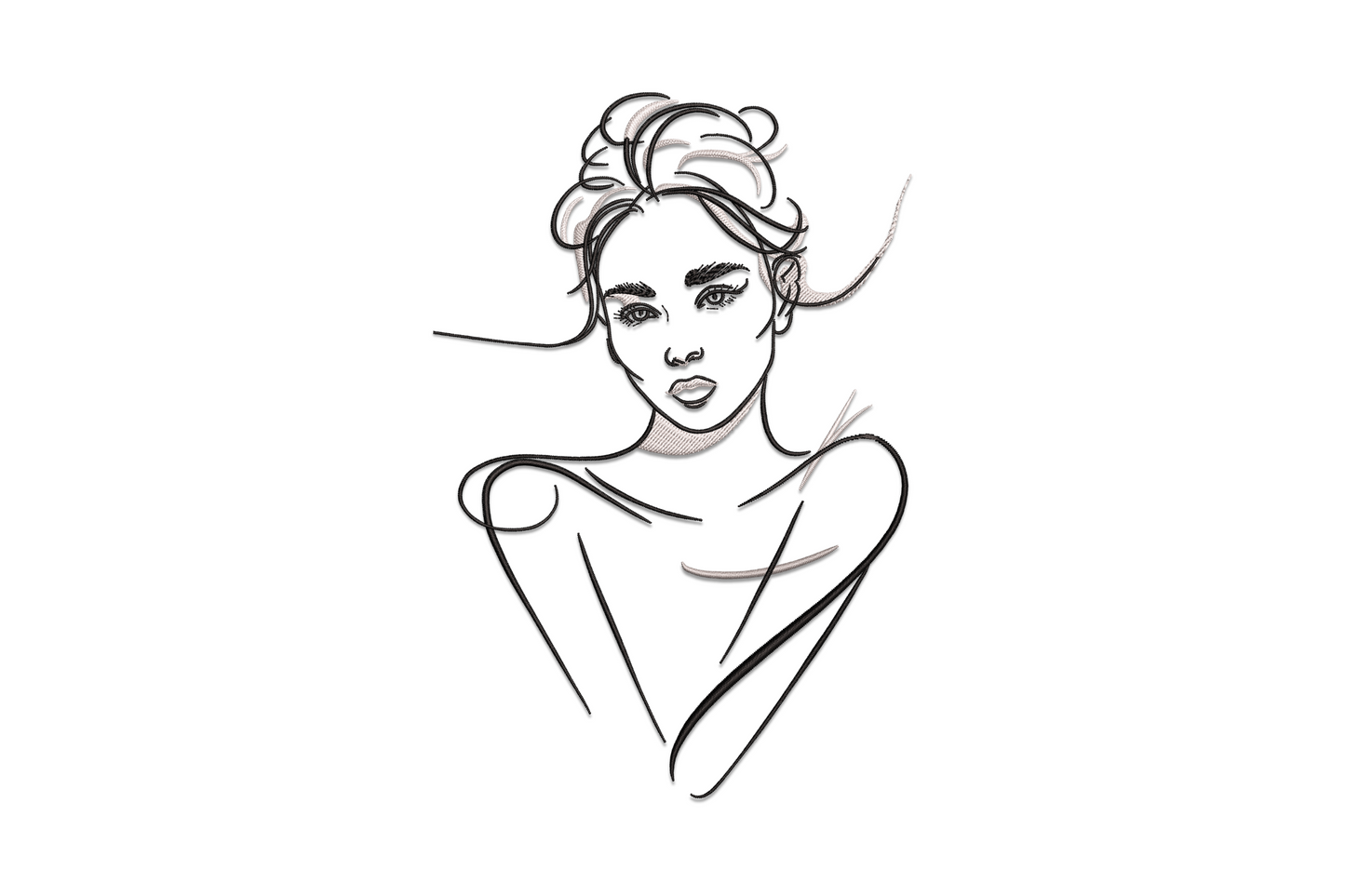 Elegant woman portrait line art embroidery, broken sketch side profile with flowing hair in charcoal, dusty rose and sage.