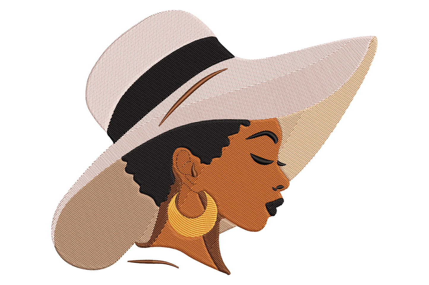 Side-profile embroidery portrait, woman in wide-brim cream sun hat with black band, 7 skin-tone colors