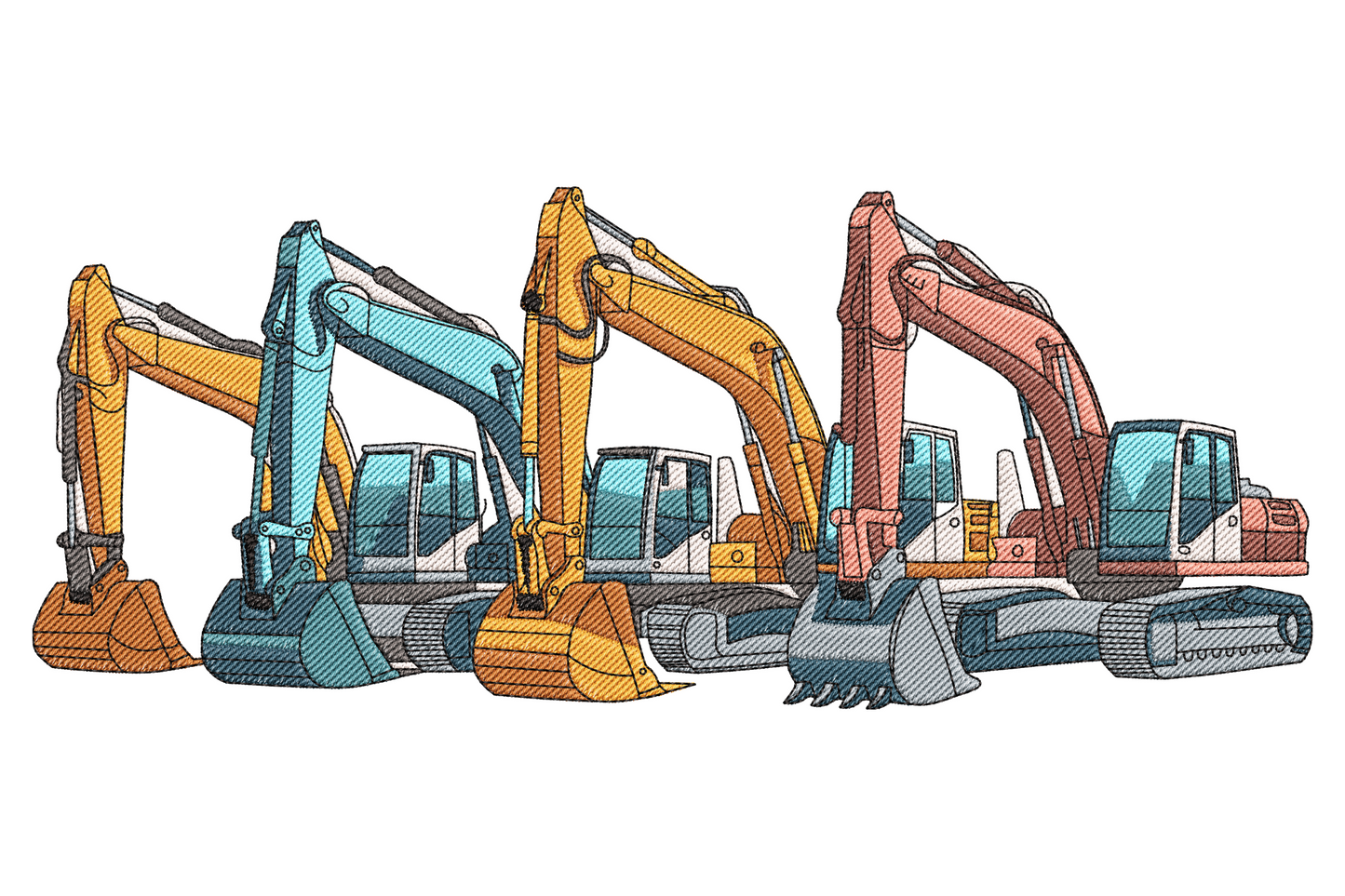 Three excavator diggers lined up side-on in red, yellow and soft blue with sketchy crosshatch fill on a wide layout embroidery design.