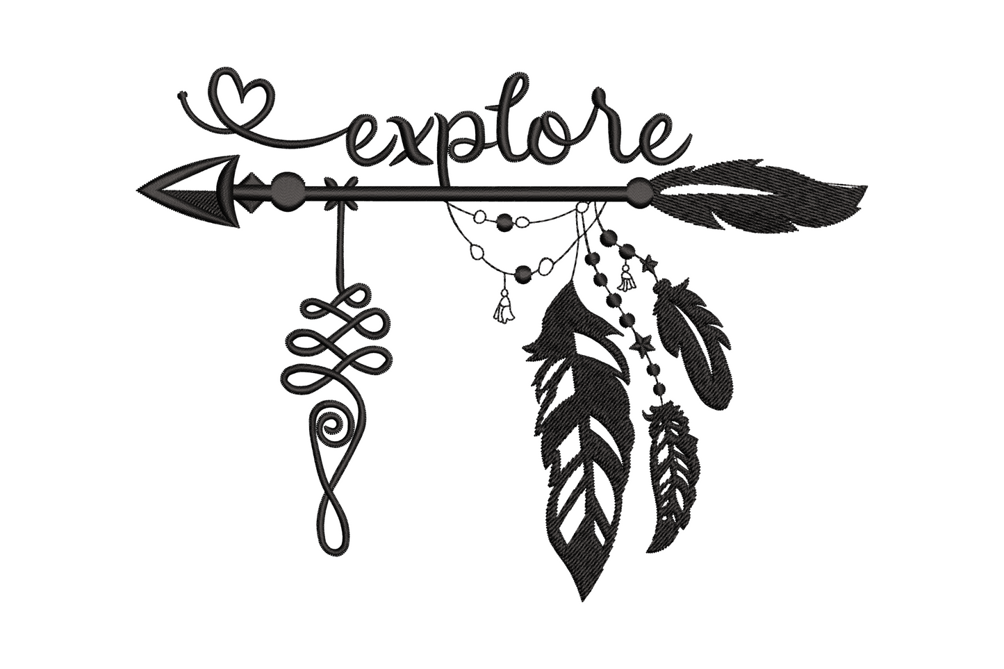 Explore arrow dreamcatcher embroidery, boho horizontal arrow with script, feathers and bead chains, single color black