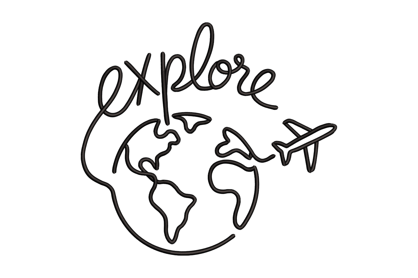 Outline of a world map with an airplane and the word 'explore' embroidery design