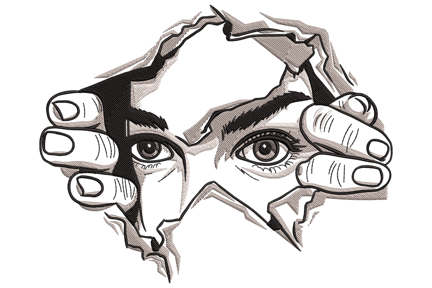 Eyes through torn paper machine embroidery, 5 colours, hands gripping jagged rip with eyes staring through, black and grey