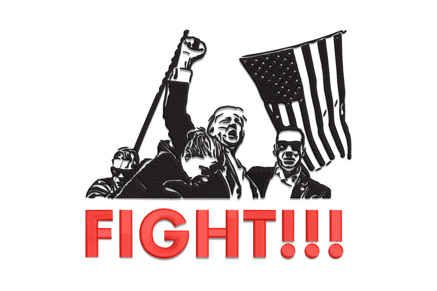 FIGHT patriotic Trump embroidery design, black silhouette rally scene with raised fist and American flag, red text below