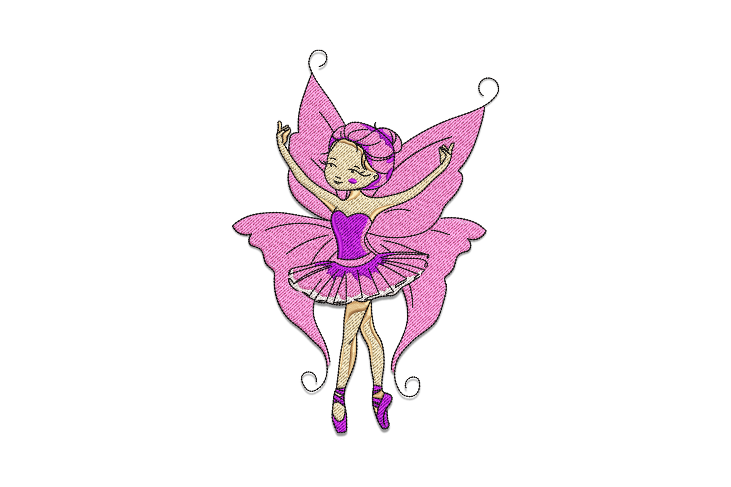 Fairy ballerina embroidery design with hot magenta butterfly wings, purple corset bodice, layered white tutu and purple pointe shoes, arms raised mid-dance.