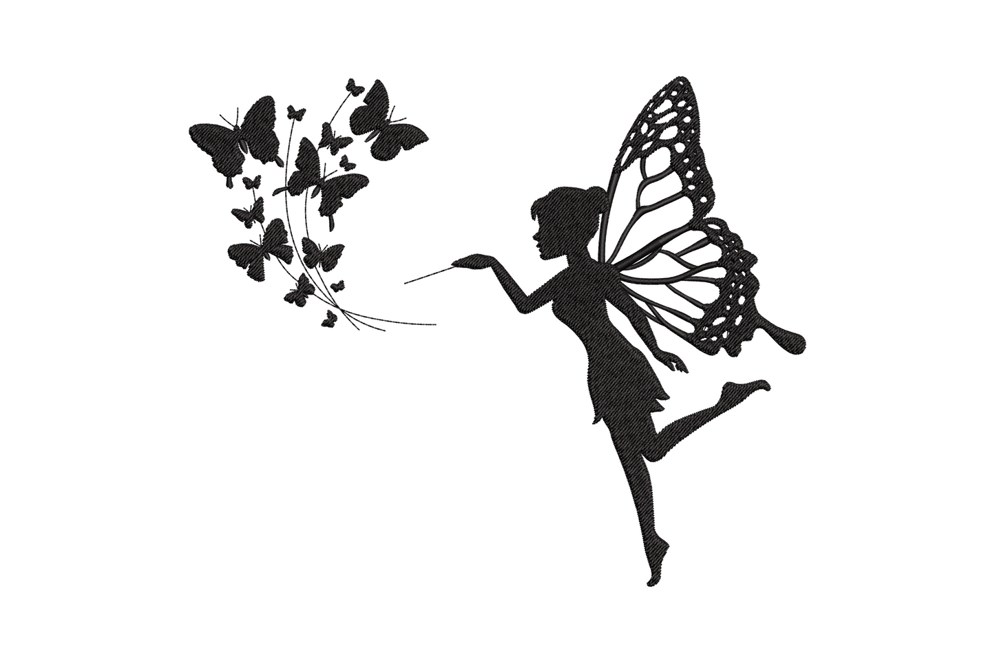 Fairy blowing butterflies machine embroidery, whimsical fairy with spread wings and butterfly scatter in single colour thread