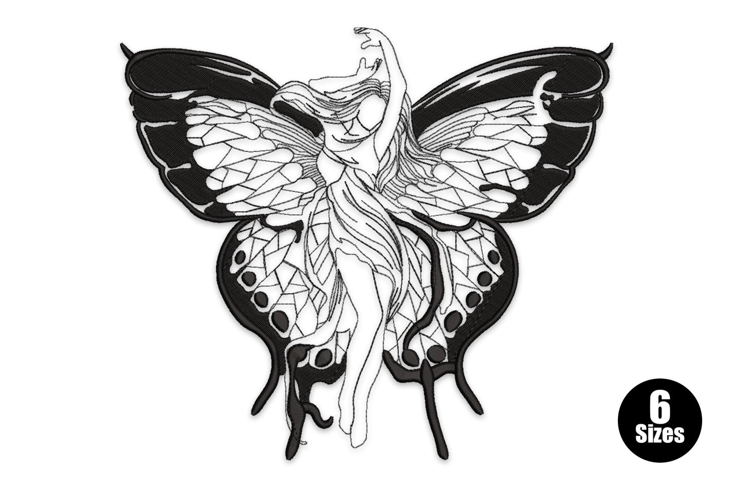 Fairy figure merging into swallowtail butterfly wings, black line-art embroidery, dense wing fill with lacy inner vein panels