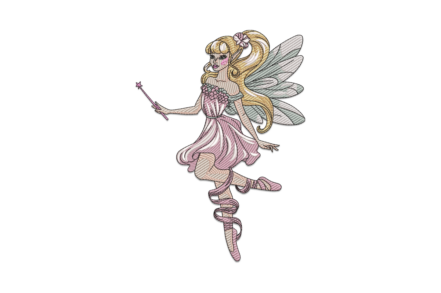 Fairy princess embroidery with spread wings, raised wand, lavender dress, and golden star wand tip in nine colours