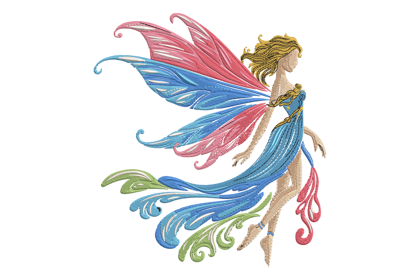 Fairy princess embroidery design in lavender gown with icy blue dragonfly wings, golden hair, star wand, pastel fantasy style, mid-flight pose.