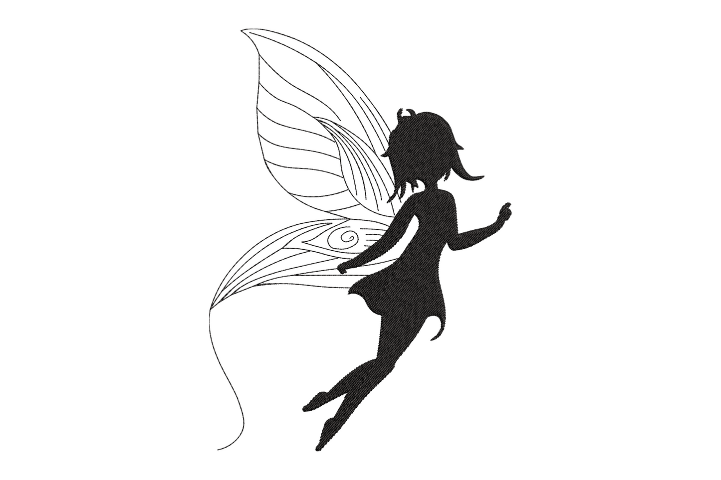 Standing fairy silhouette machine embroidery in solid black, long dress and butterfly wings, 4 sizes up to 5.36 inches wide.
