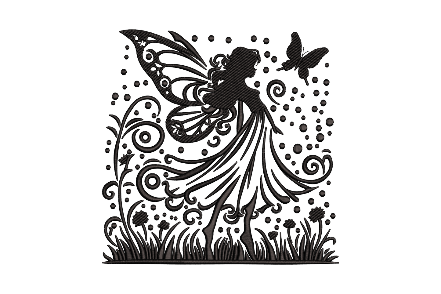 Blackwork fairy silhouette with ornate butterfly wings, swirl vines and meadow dot stems on white fabric, single black thread.
