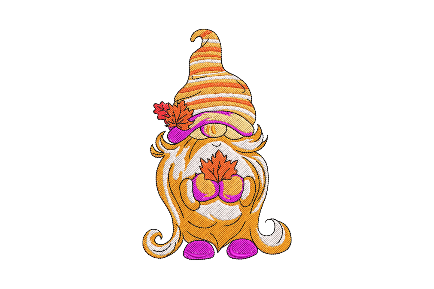 Fall gnome embroidery with tall striped orange hat, flowing beard, purple shoes and hands holding red maple leaves, 3 sizes.