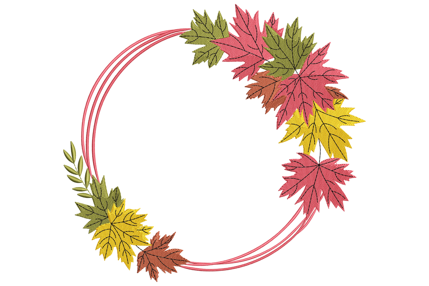 Fall leaves wreath embroidery with three coral pink hoops and a cluster of olive, mustard, coral and rust maple leaves.