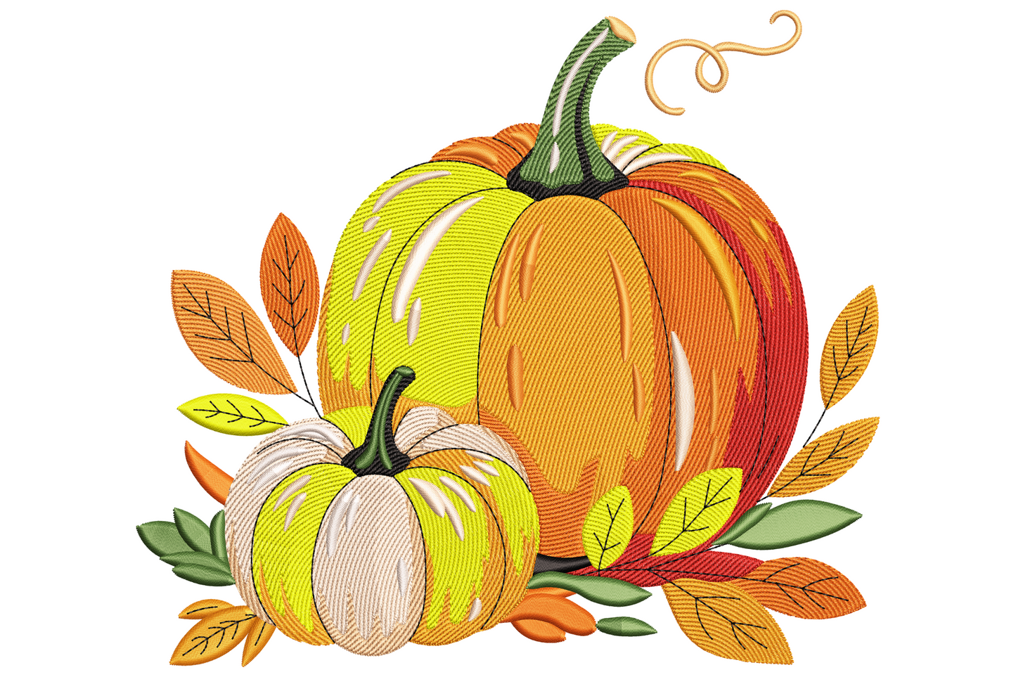 Fall embroidery design with two pumpkins, one large orange and one small cream, surrounded by amber and rust autumn leaves.