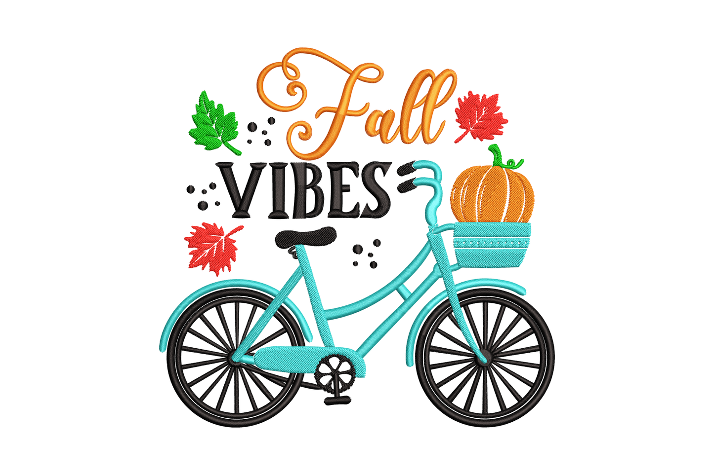 Fall Vibes embroidery design with a teal vintage bicycle, orange pumpkin in basket, orange cursive and black block lettering, maple leaf accents.