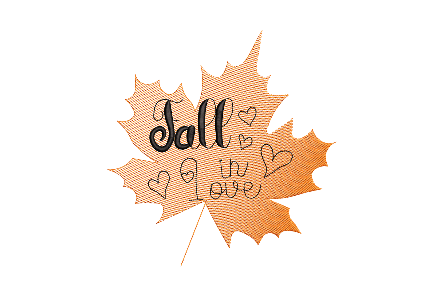 Fall in love leaf embroidery, large orange maple leaf with black script lettering and scattered small hearts, light tatami fill.