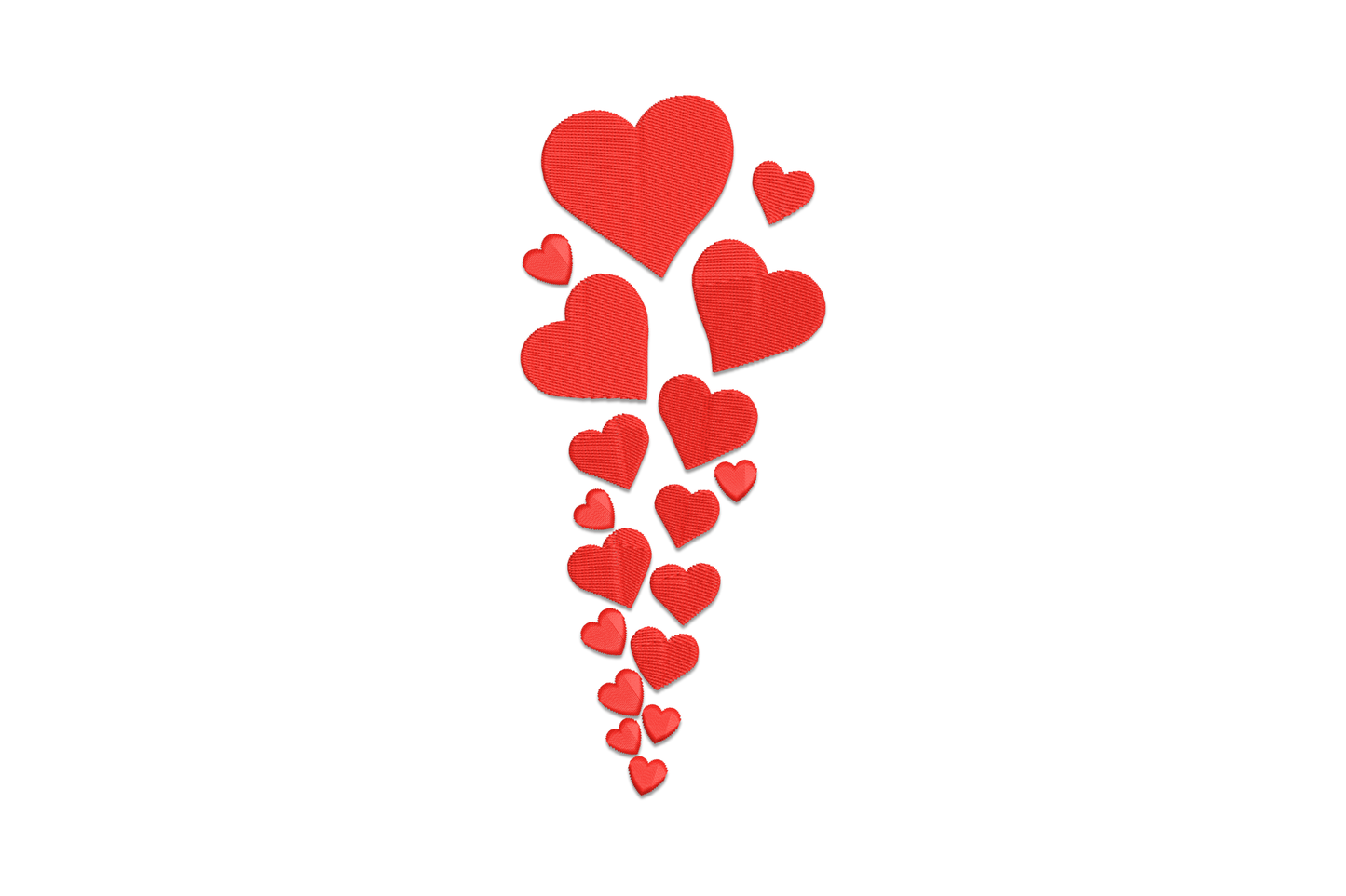 Falling hearts vertical cascade embroidery design, tumbling red hearts in different sizes for sleeve and narrow placement