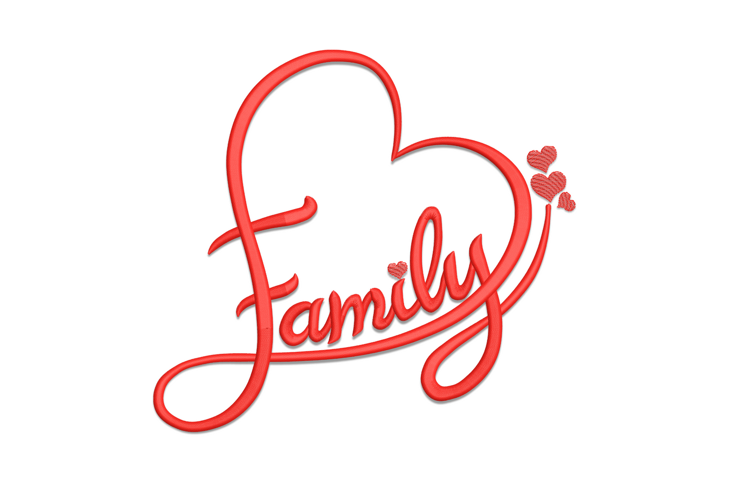 Family script embroidery design in red where the capital F loop forms a heart outline enclosing the cursive word, with three small open hearts at top right.