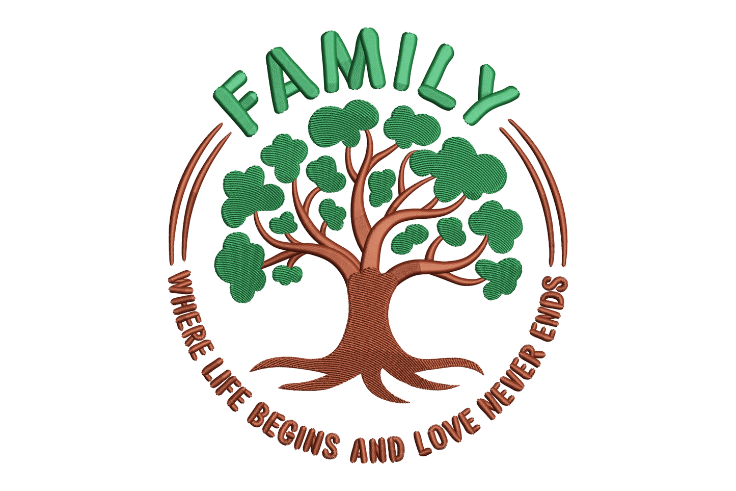 Tree logo with 'Family: Where Life Begins and Love Never Ends' text embroidery design