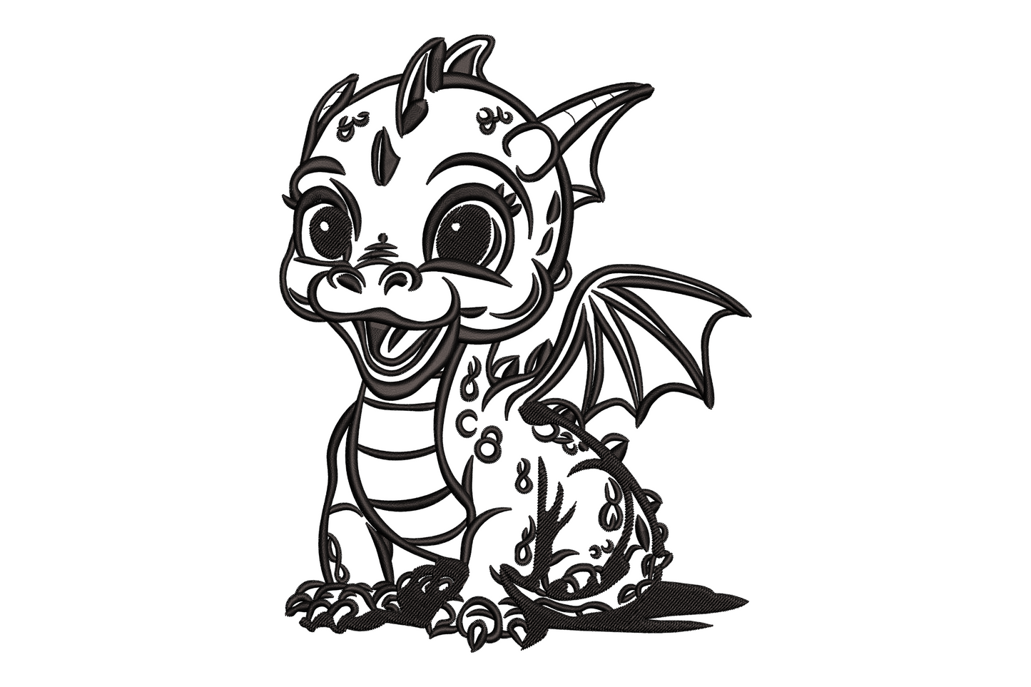 Fantasy cartoon dragon machine embroidery design in single colour, cute kawaii dragon with wings claws and curling tail in whimsical line art style, vertical portrait composition