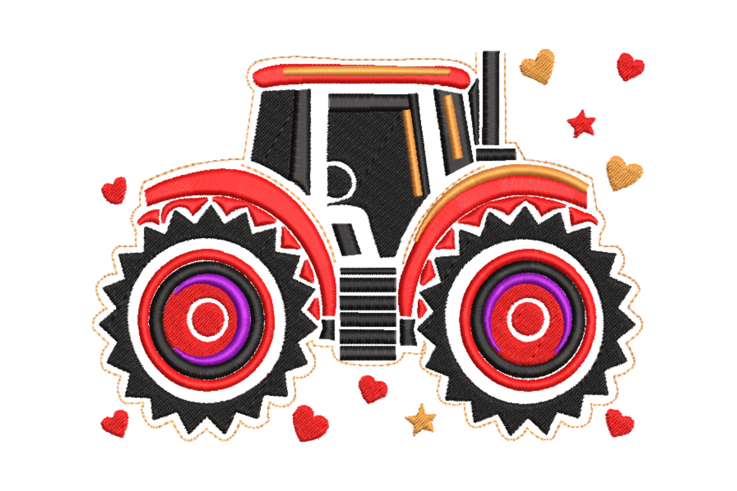Red farm tractor embroidery on green hill with yellow round sun and blue sky strip, storybook style with bold outlines
