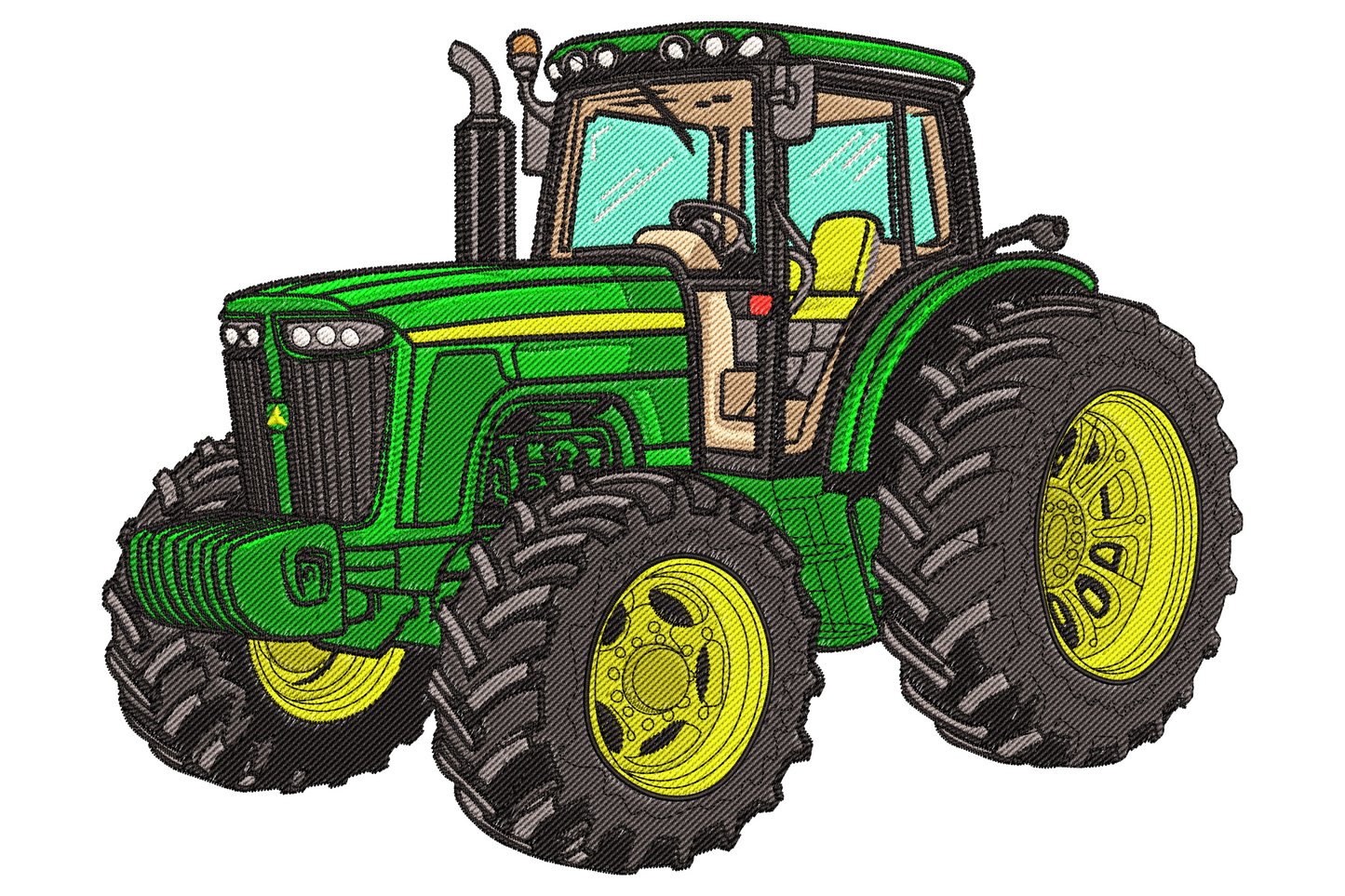Farm tractor embroidery, green tractor with mustard yellow rims, big black rear tyres, teal glass cab and beige seat.