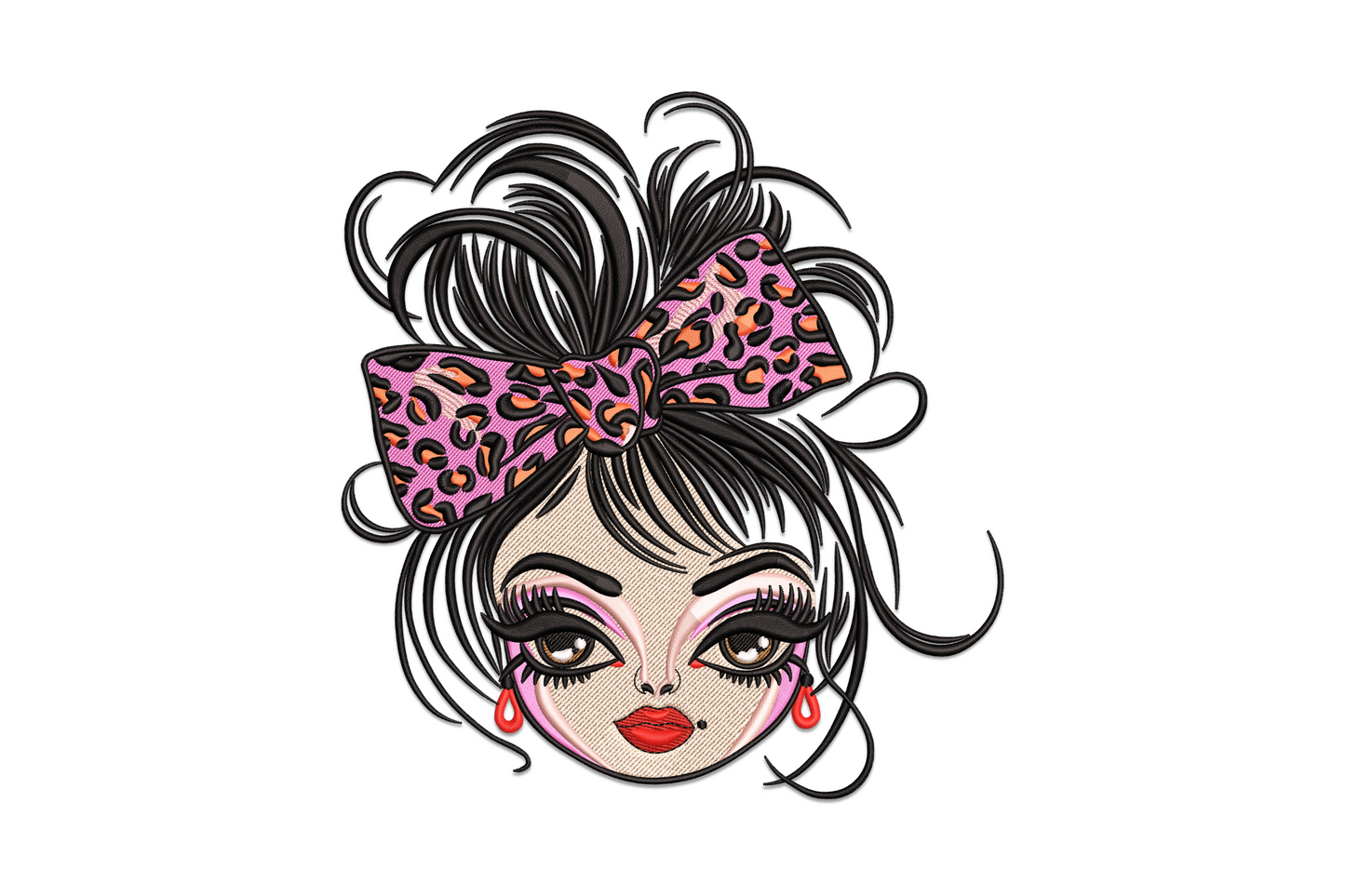 Fashion girl face embroidery design with messy bun, leopard bow, red lips and dramatic lashes, 9 thread colours.