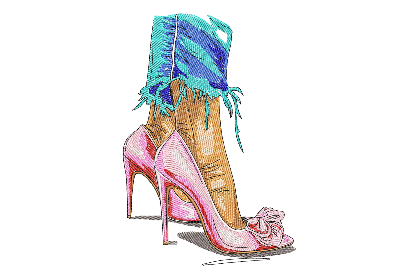 Embroidery design of a strappy stiletto shoe with teal feather fringe ankle detail, 12 colors, fashion illustration style