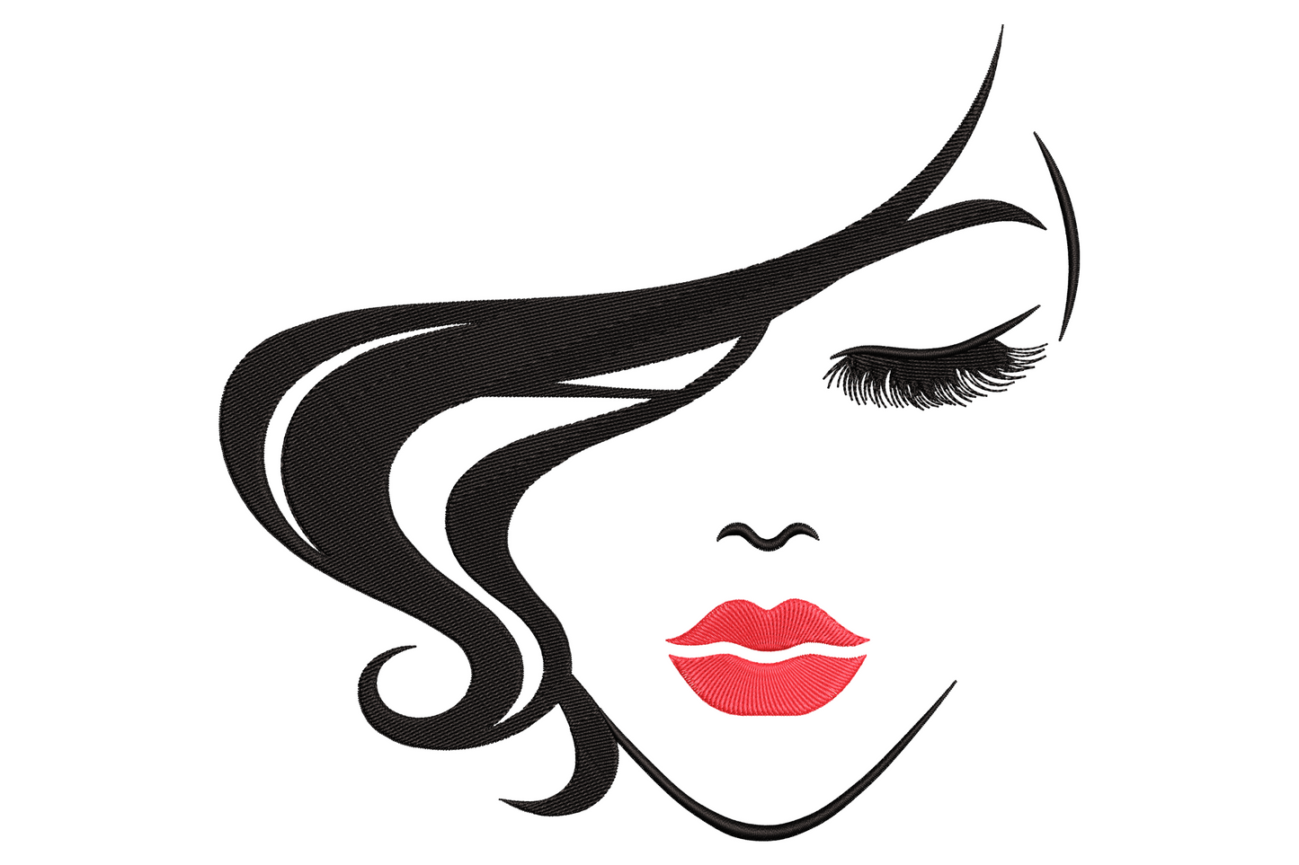 Fashion lady silhouette embroidery, standing figure with tall updo and fitted dress in 2-colour editorial outline style.