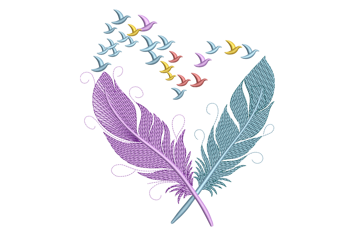 Feather birds embroidery, crossed purple and teal feathers in heart shape, colorful bird silhouettes arcing above.