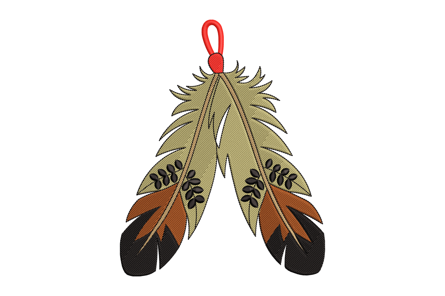 Decorative feather charm with a red clip embroidery design