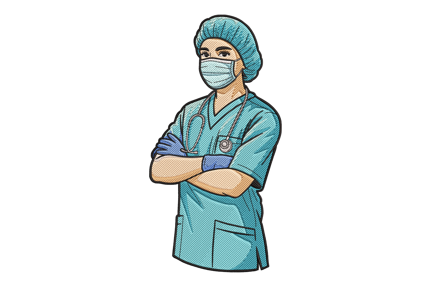 Illustration of a healthcare professional wearing scrubs, a mask, and a stethoscope embroidery design