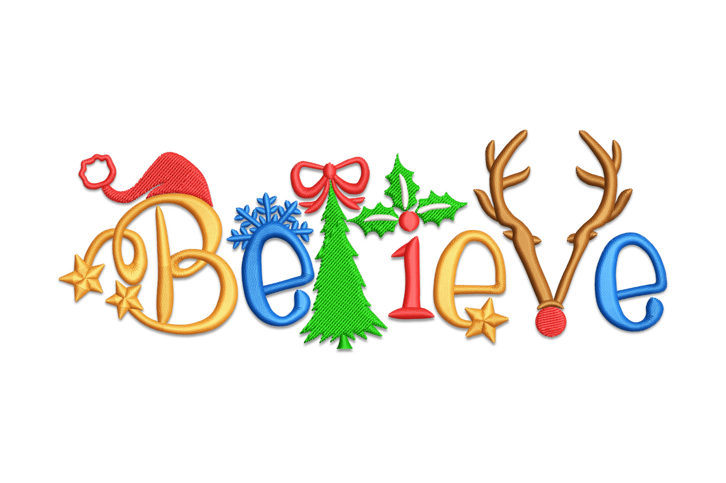 BELIEVE word embroidery: gold letters with Santa hat, green tree replacing L, holly, reindeer antlers, snowflake. 6 colors.