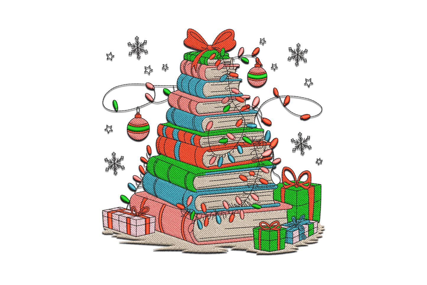 Christmas book tree embroidery design, books stacked as a tree with gold star topper, 7 colors, 4 sizes up to 7.5 inches