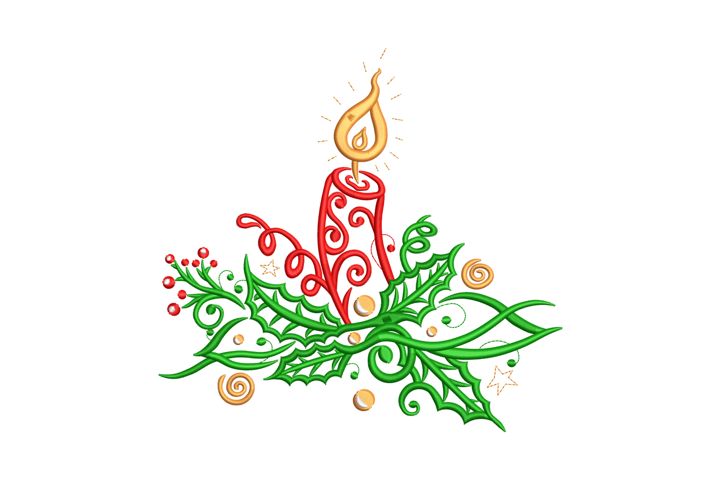 Red christmas candle with holly leaves and gold flame embroidery design, festive candle filigree with green holly and red berries
