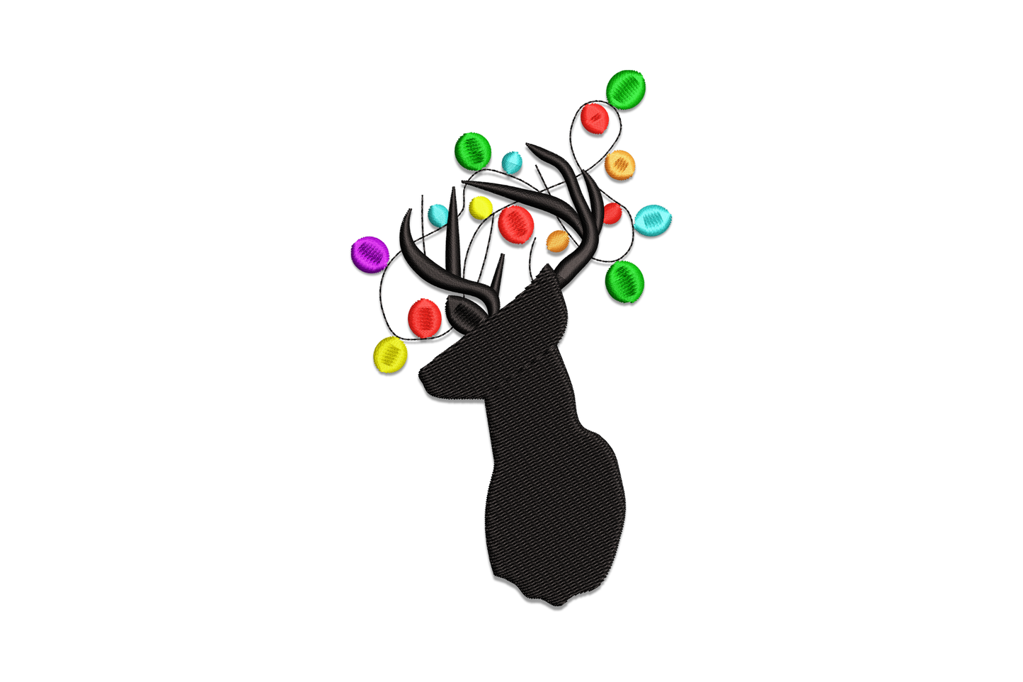 Festive christmas deer reindeer embroidery with antlers and holly accents, 7 colours including red and green, 4 sizes up to 5.5 inches wide, compact holiday design.