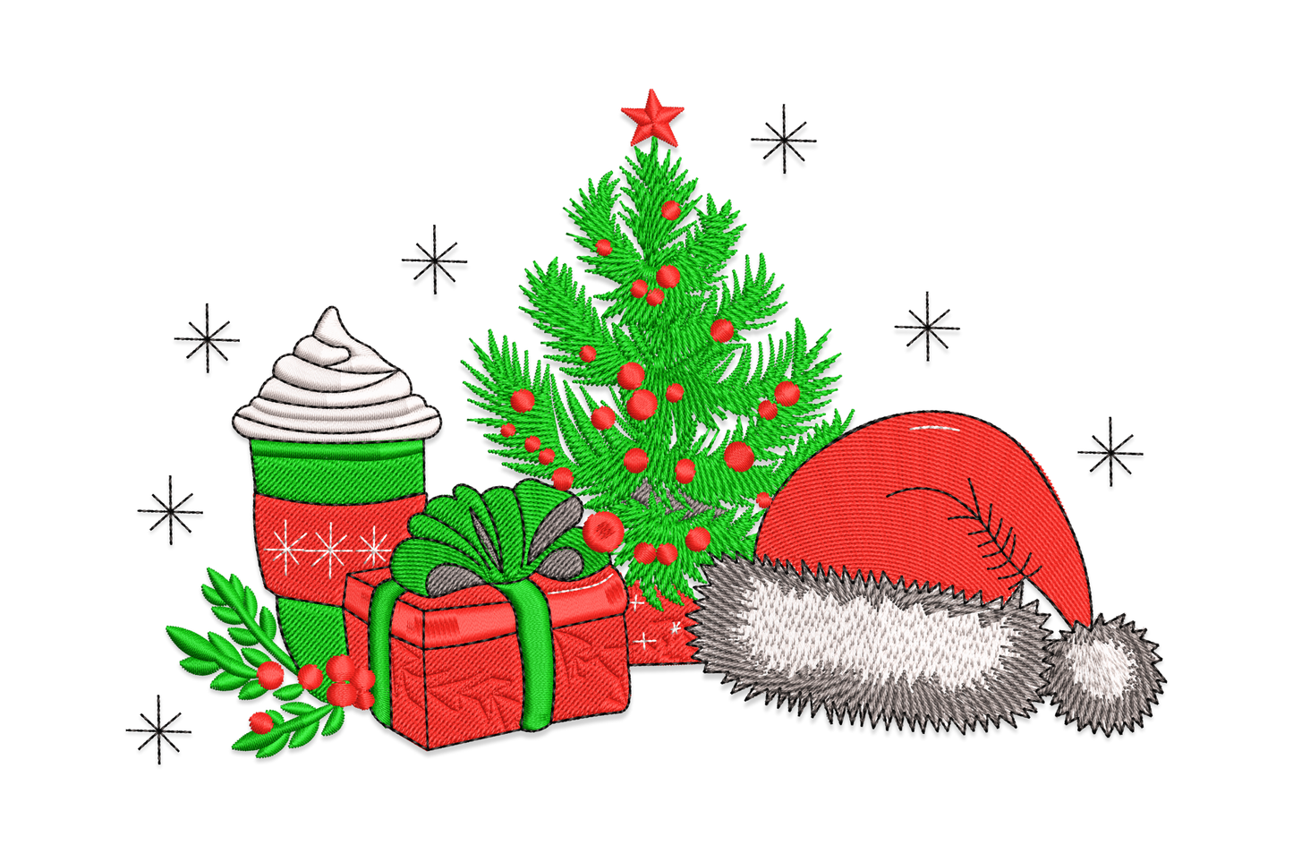 Christmas scene embroidery: coffee cup, red gift box, decorated pine tree, Santa hat with fur brim, snowflake accents.