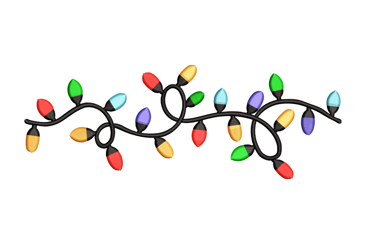Festive Christmas lights border embroidery design, looping string of colorful bulbs in orange, blue, purple, red, green
