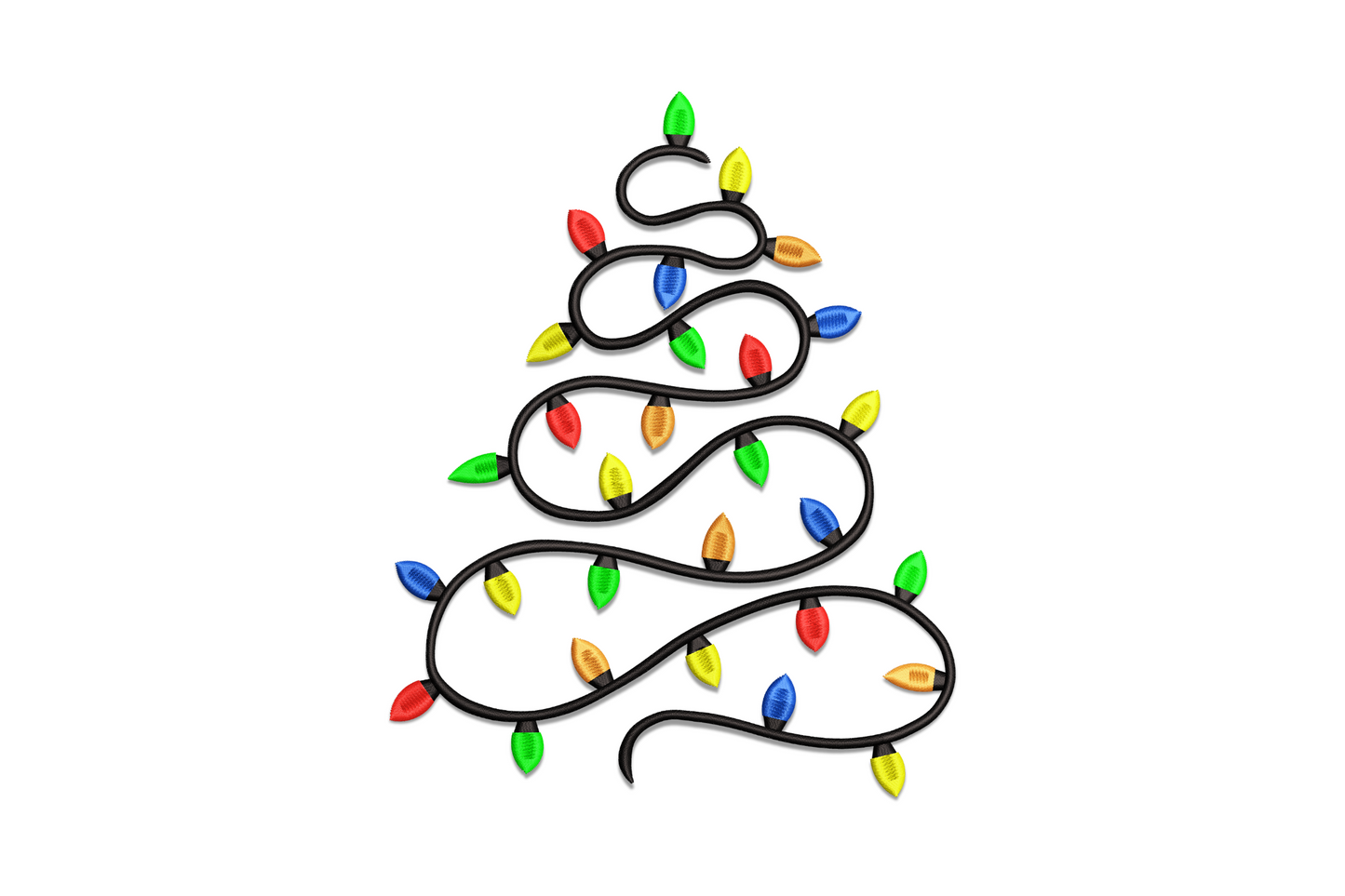Festive Christmas lights tree embroidery design, green tree with multi-colour bulb lights and a star topper.