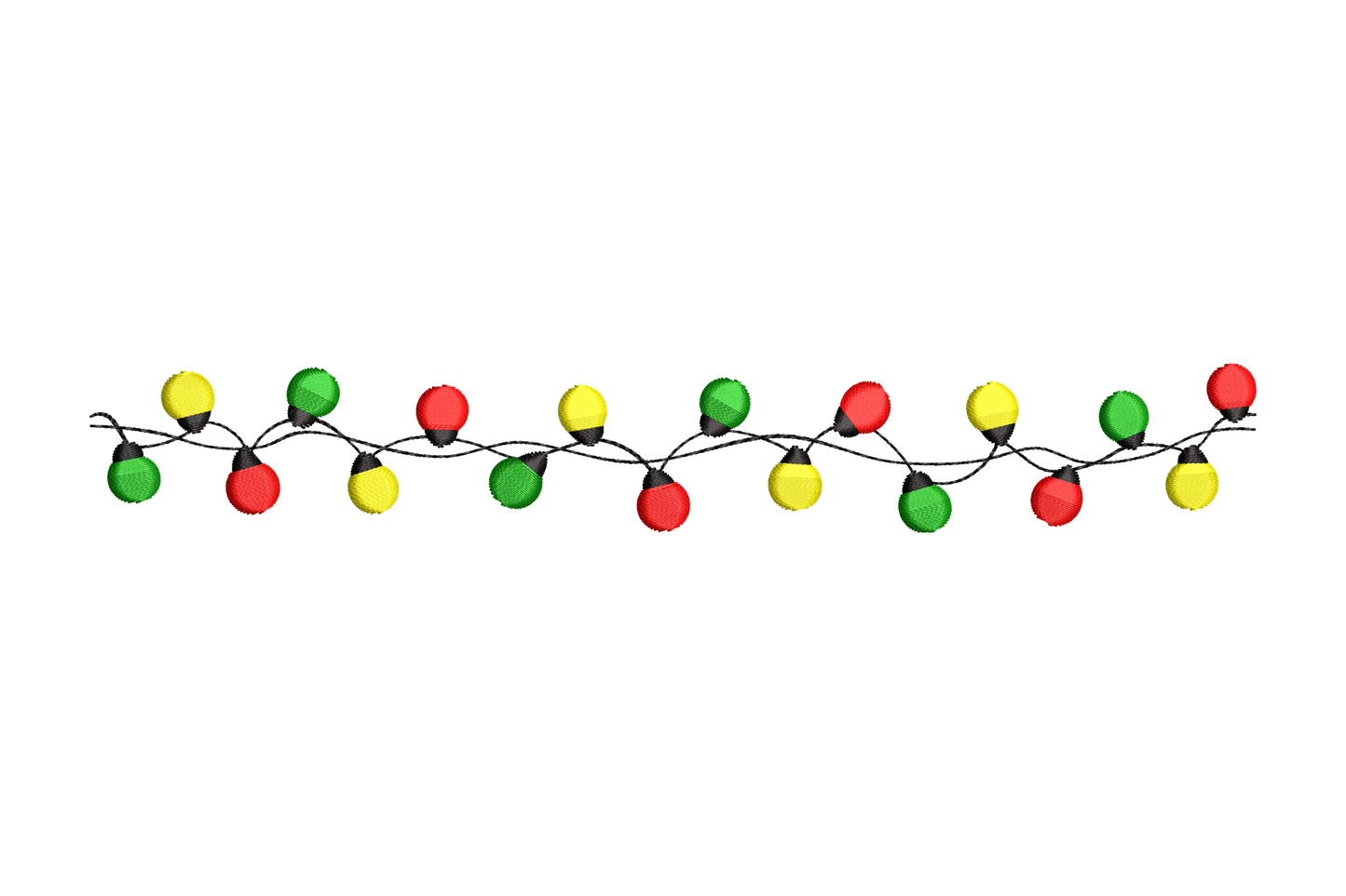 Festive Christmas mini string lights border embroidery, small round bulbs in red yellow green on black wire, slim horizontal trim