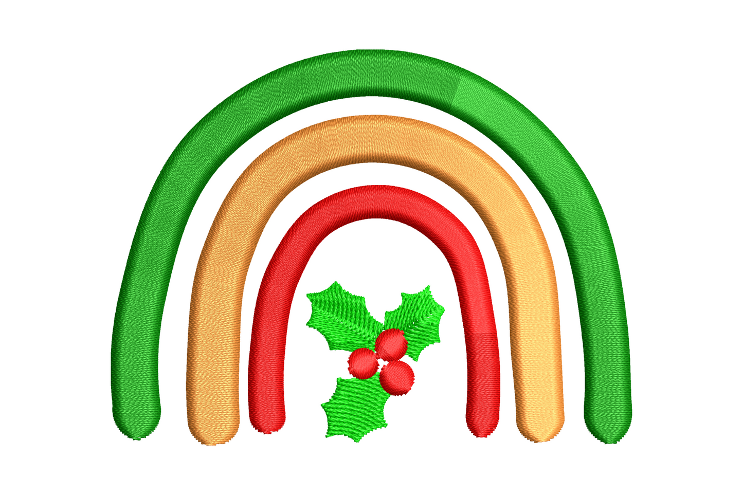 Machine embroidery christmas rainbow with three thick satin arcs in green gold and red, and a holly sprig with red berries at the base, boho holiday style