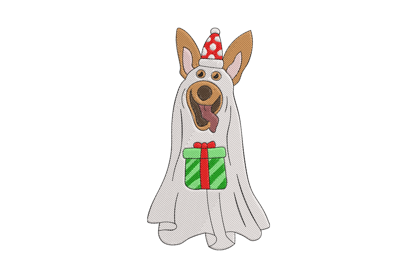 Ghost dog Christmas embroidery surrounded by baubles, string lights and ornaments, nine colour festive holiday design