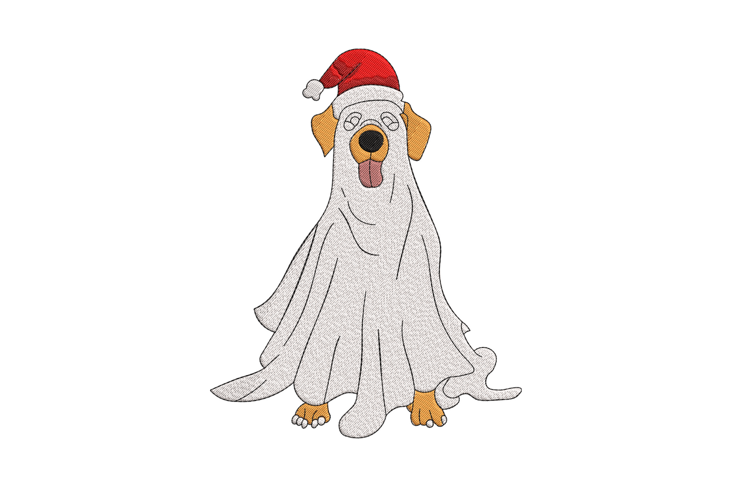 Ghost dog embroidery in Santa hat with rosy cheeks and green collar, six colour Christmas holiday design on white background