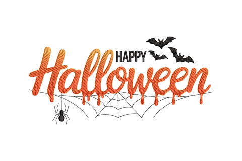 Happy Halloween text with orange letters, black bats, spider, and web embroidery design