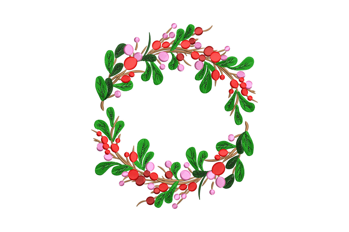 Festive holiday floral circle embroidery wreath in forest green, deep red, blush pink and coral botanical flowers on cream.