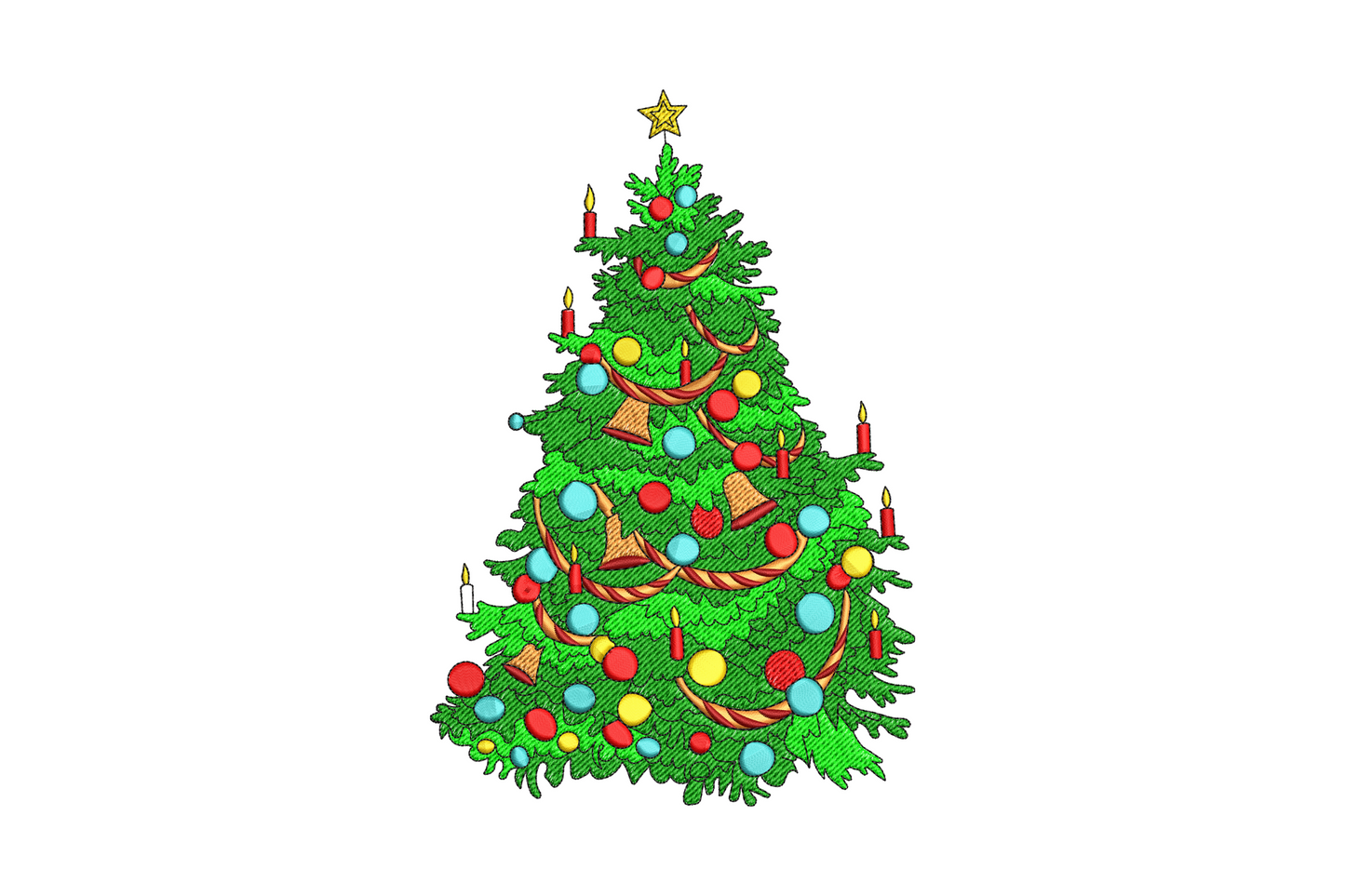 Decorated christmas tree embroidery with red, aqua and gold baubles, candles, bells and gold star topper on a two-tone green tree.